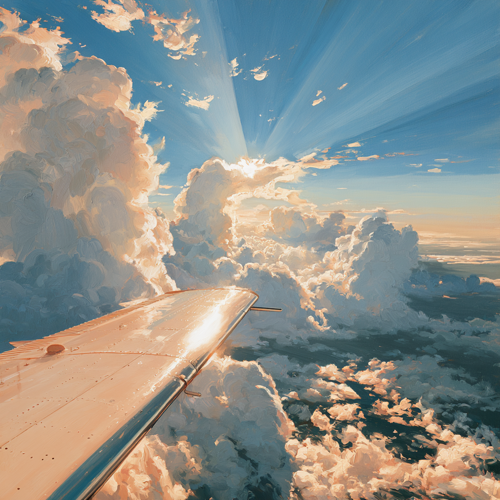 Pisces 10 - A small aircraft cockpit view breaking through thick, luminous clouds into open sky