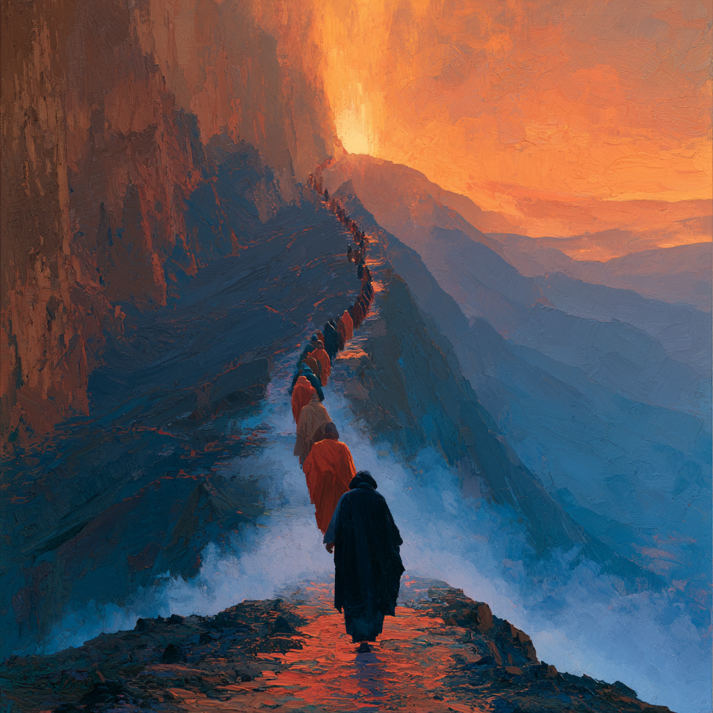 Pisces 11 - A line of robed figures walking a narrow mountain path toward distant, glowing light, mist curling around their feet