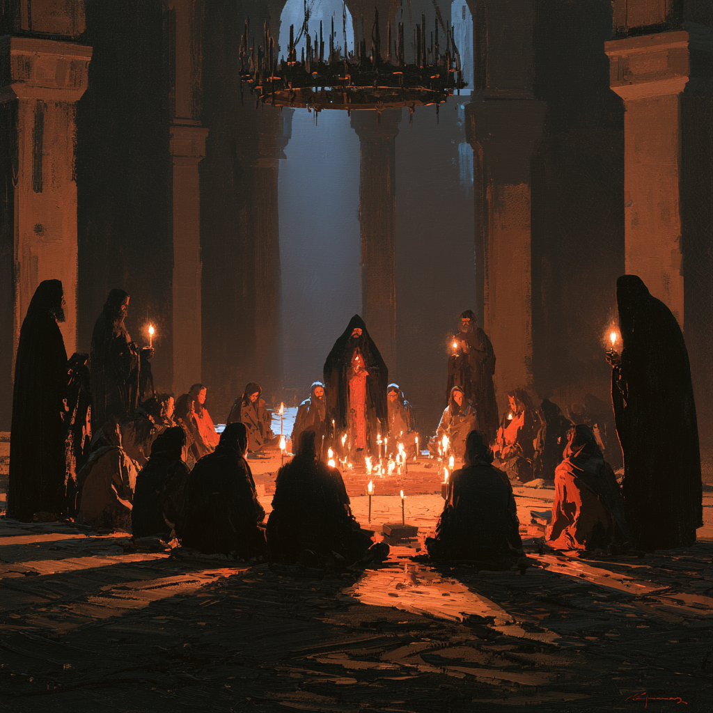 Pisces 12 - A candlelit sanctuary where robed elders quietly observe younger initiates