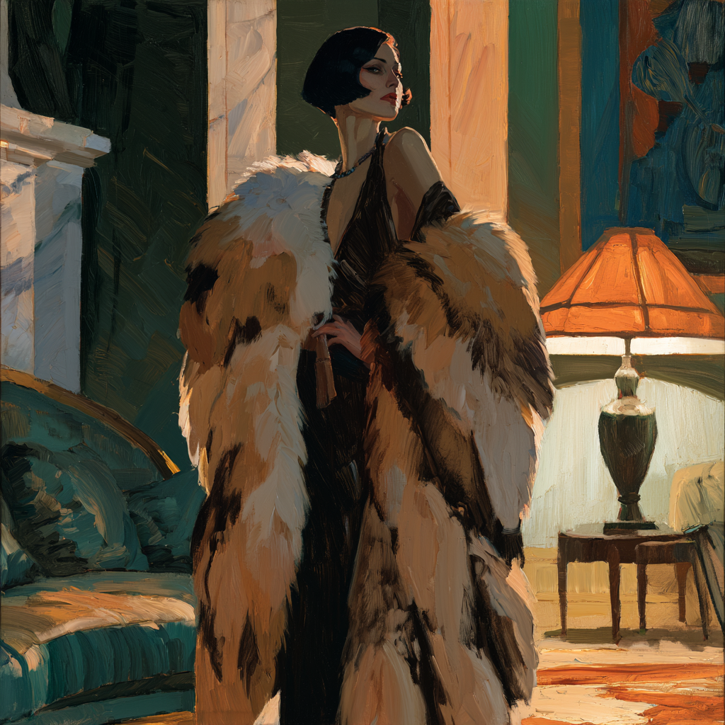 Pisces 14 - An elegant woman wrapped in a luxurious fox fur stole, poised and composed, standing in a luxurious living room