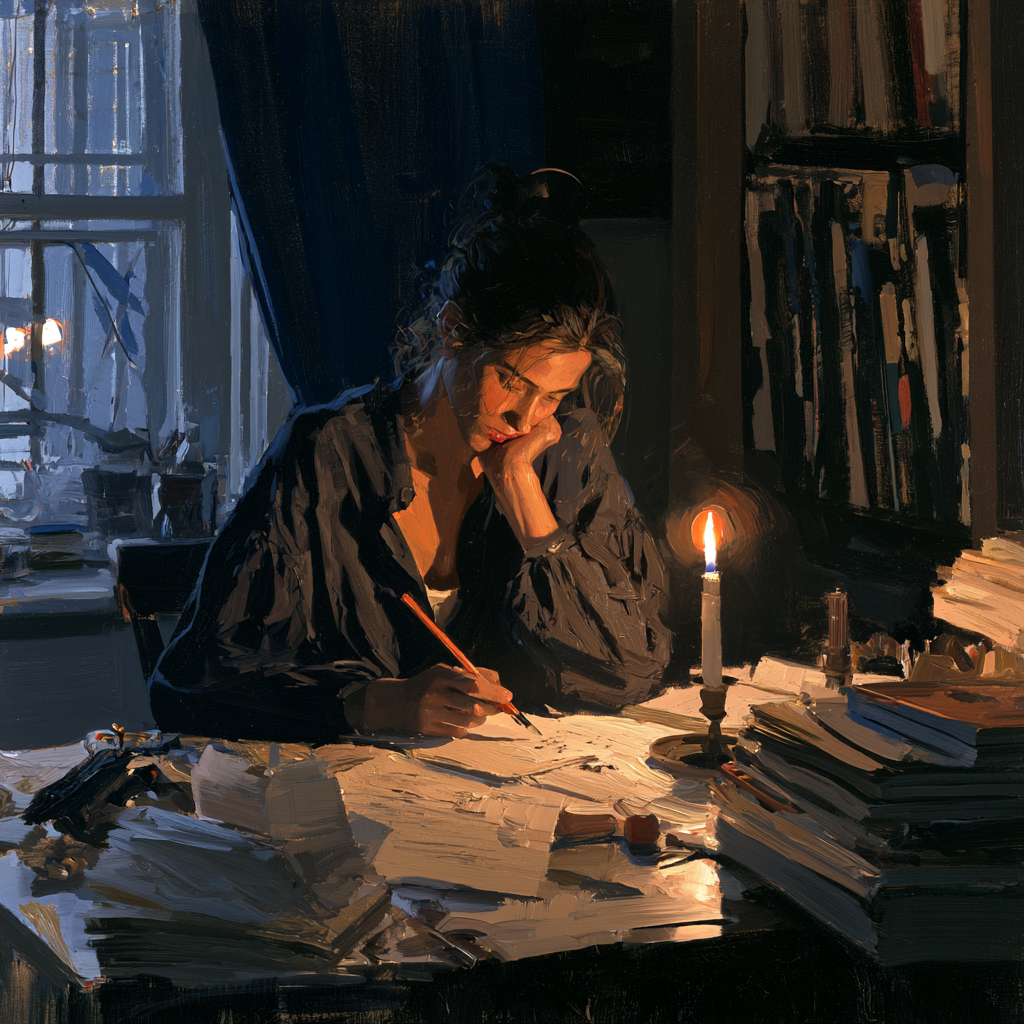Pisces 16 - A writer seated at a candlelit desk in a quiet study, pen paused mid-thought