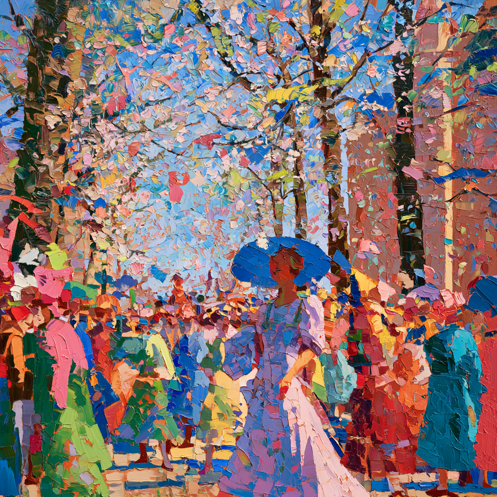 Pisces 17 - A joyful parade in vibrant spring finery parading down a sunlit avenue