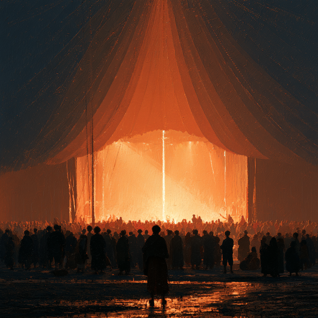 Pisces 18 - A massive circus tent glowing from within, villagers gathered in silhouette watching a spectacular performance under the big top