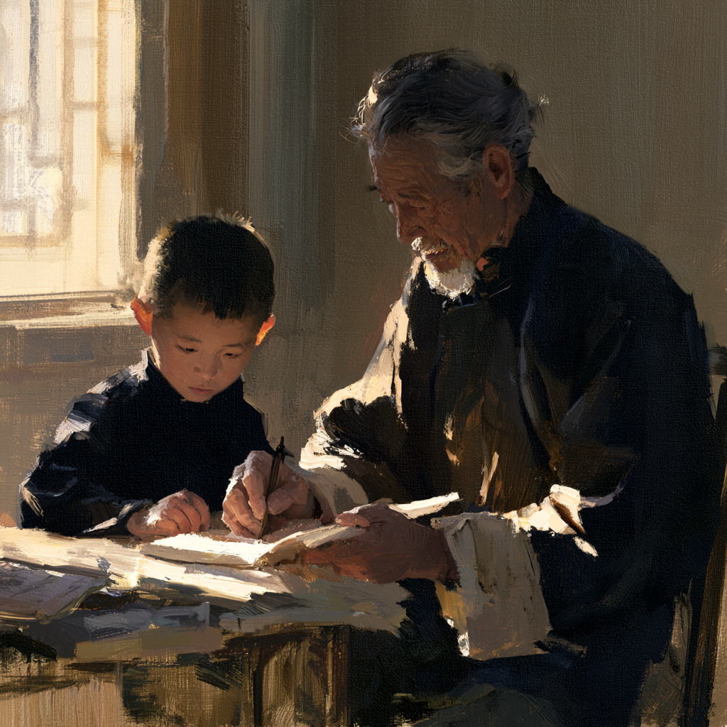 Pisces 19 - A wise old chinese teacher seated beside a young pupil, both absorbed in quiet study