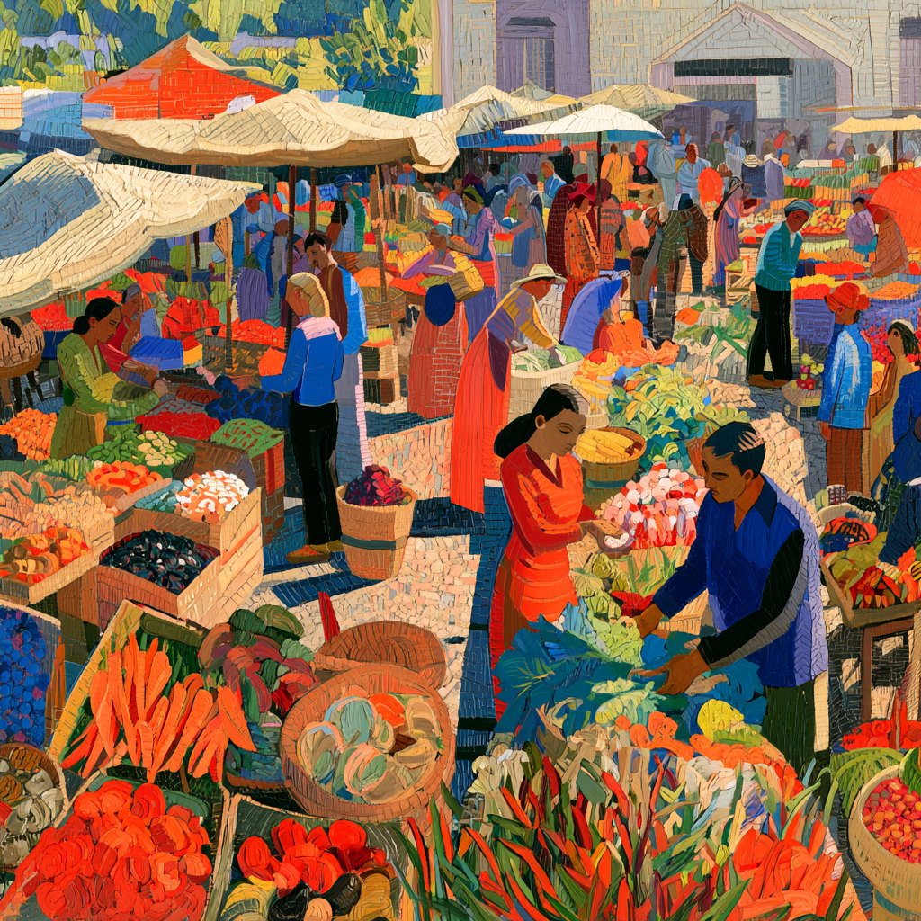 Pisces 1 - A bustling open-air marketplace with farmers and merchants displaying colorful produce and goods at stalls