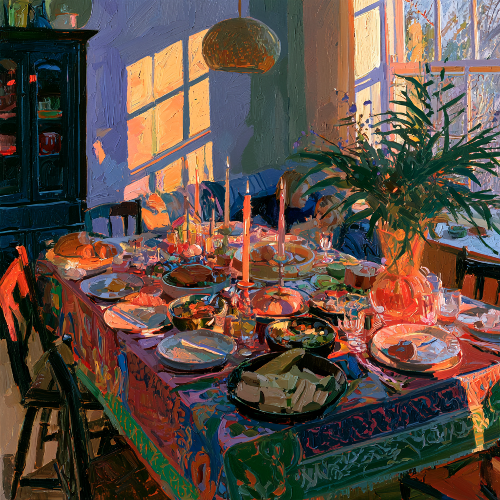 Pisces 20 - A warmly lit table set for an evening meal with simple, abundant food