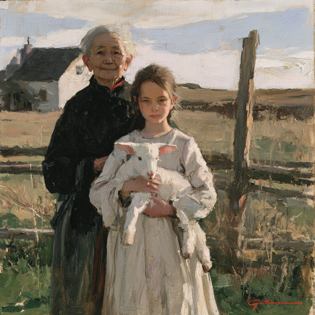Pisces 21 - Full-length view of a young caucasian girl gently cradling a small white lamb in her arms, a kind chinese elder woman standing beside her