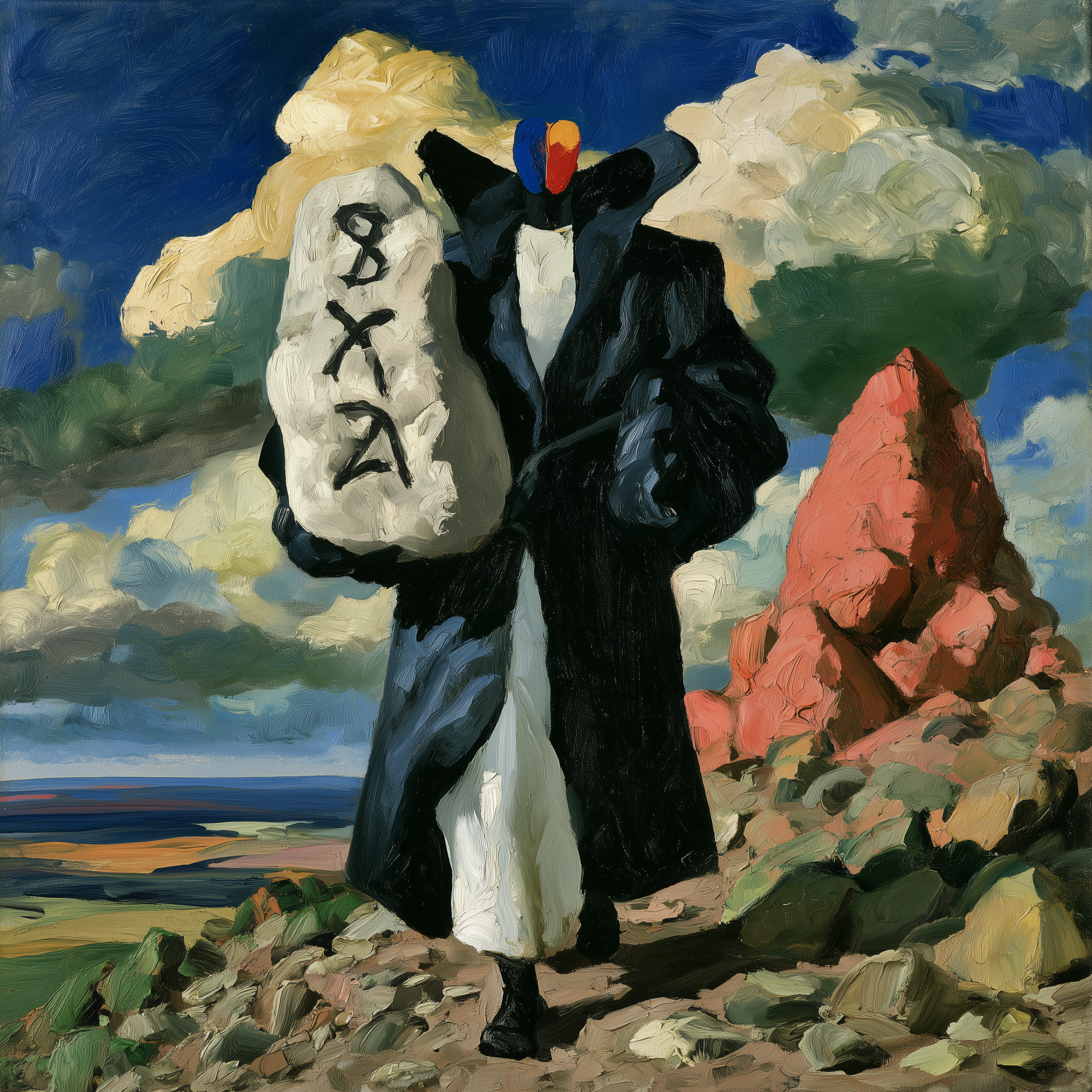 Pisces 22 - Full-length view of a robed prophet walking down a rocky mountain slope, carrying stone tablets inscribed with sacred symbols