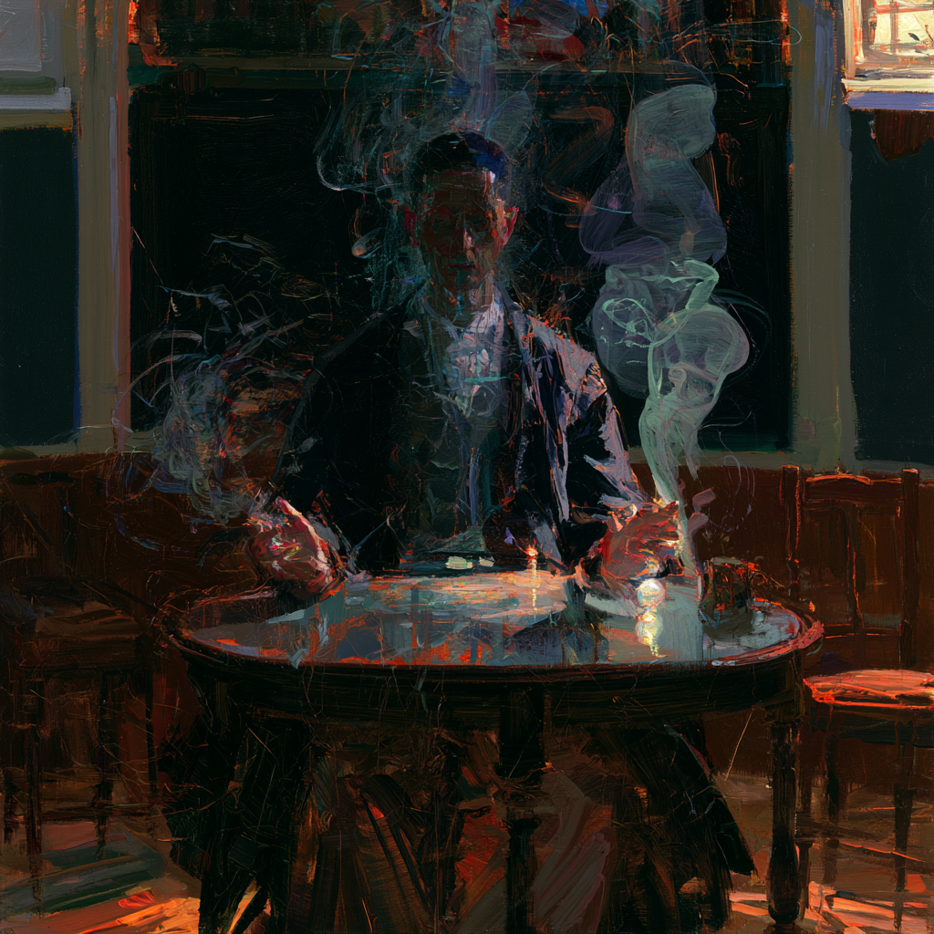 Pisces 23 - Full-length view of a medium seated at a round table in a dimly lit room, hands extended in trance