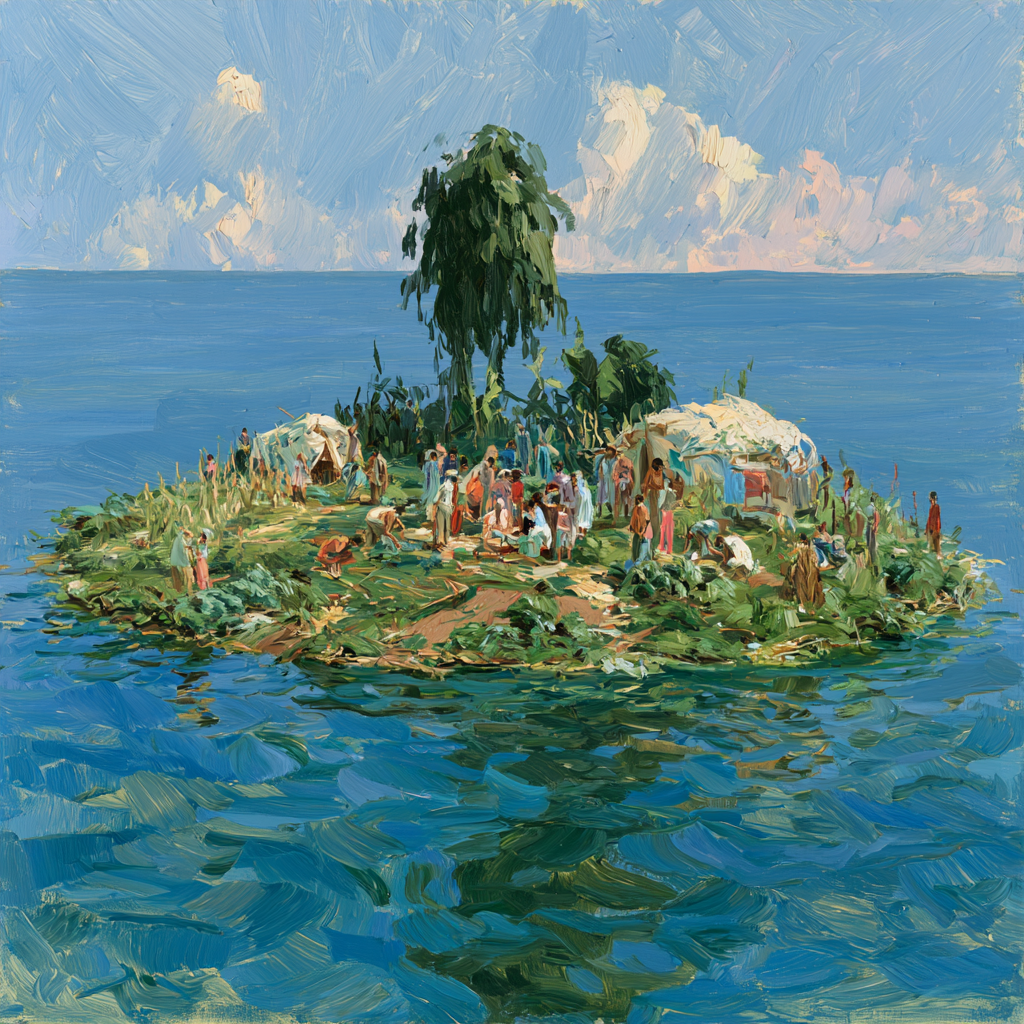 Pisces 24 - Full-length view of people gathered together on a small, lush island surrounded by the vast open sea, tending crops and shelters