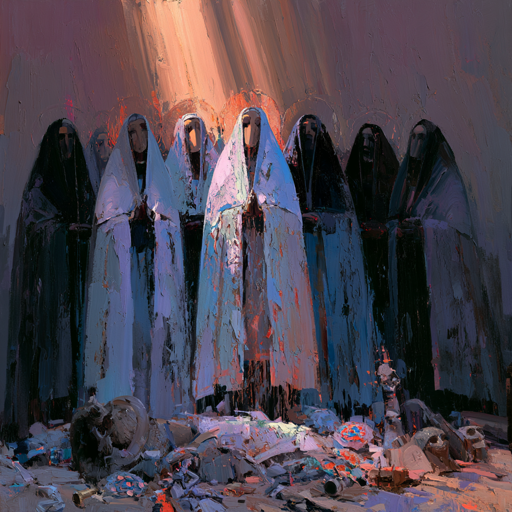 Pisces 25 - A group of robed religious figures standing together in solemn and joyful renewal, old broken idols and discarded ornaments scattered at their feet