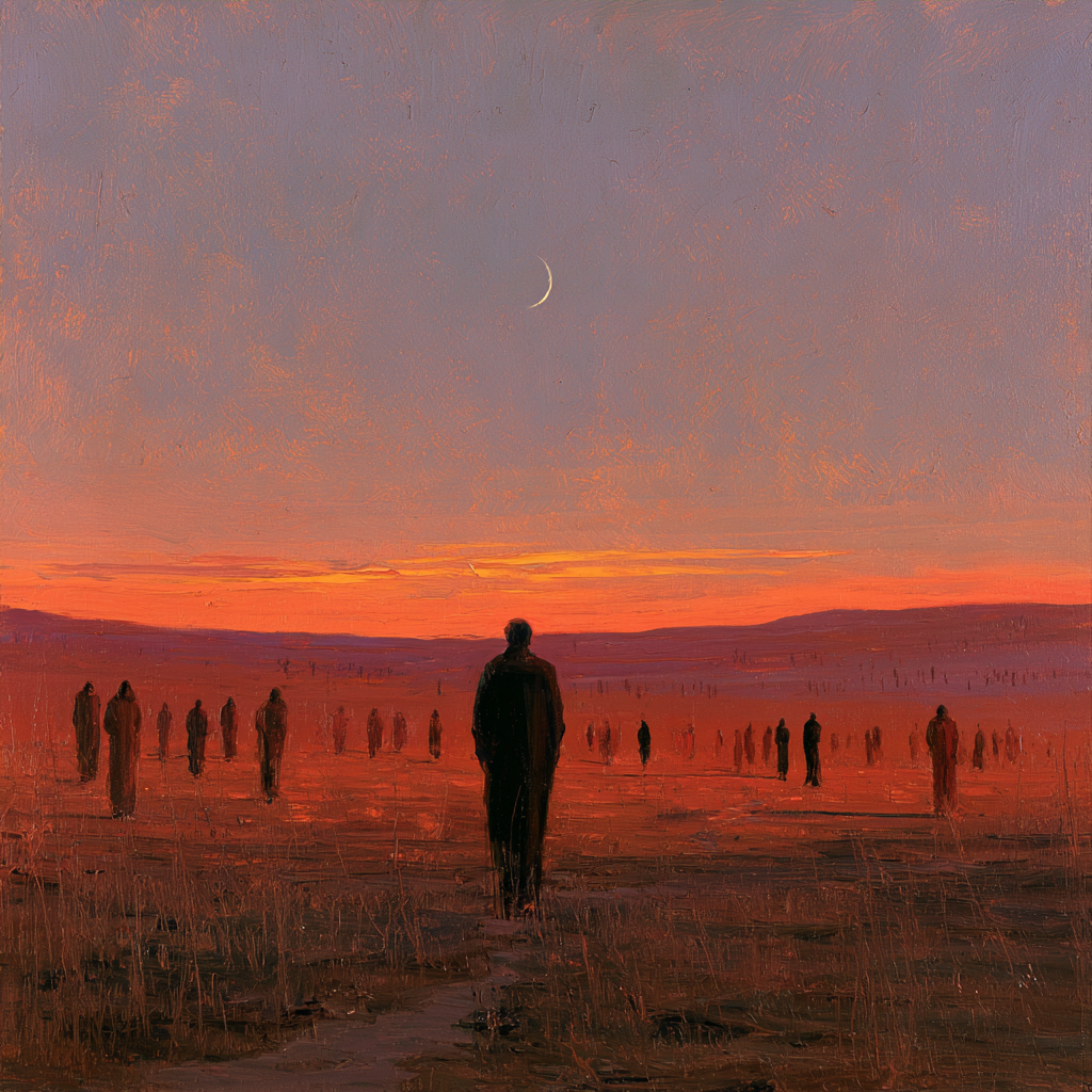 Pisces 26 - A very thin crescent moon hanging low at sunset, scattered figures across a landscape each turning toward their own distinct path