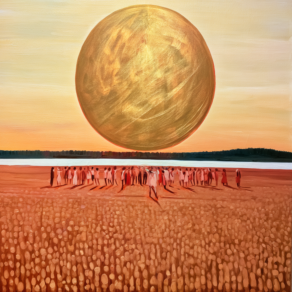 Pisces 27 - A large golden harvest moon rising over autumn fields ready for gathering