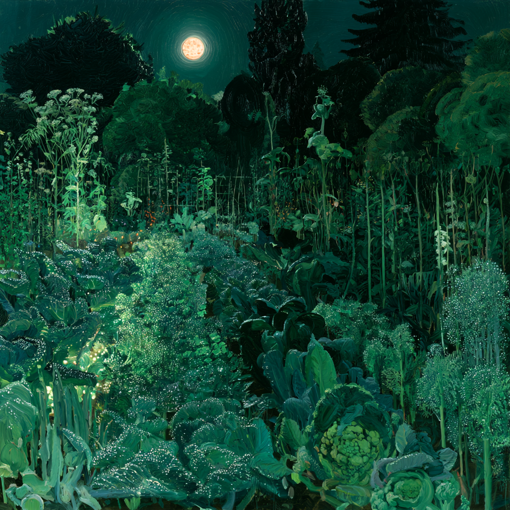 Pisces 28 - A lush garden under bright full moonlight, rows of full-grown vegetables and herbs