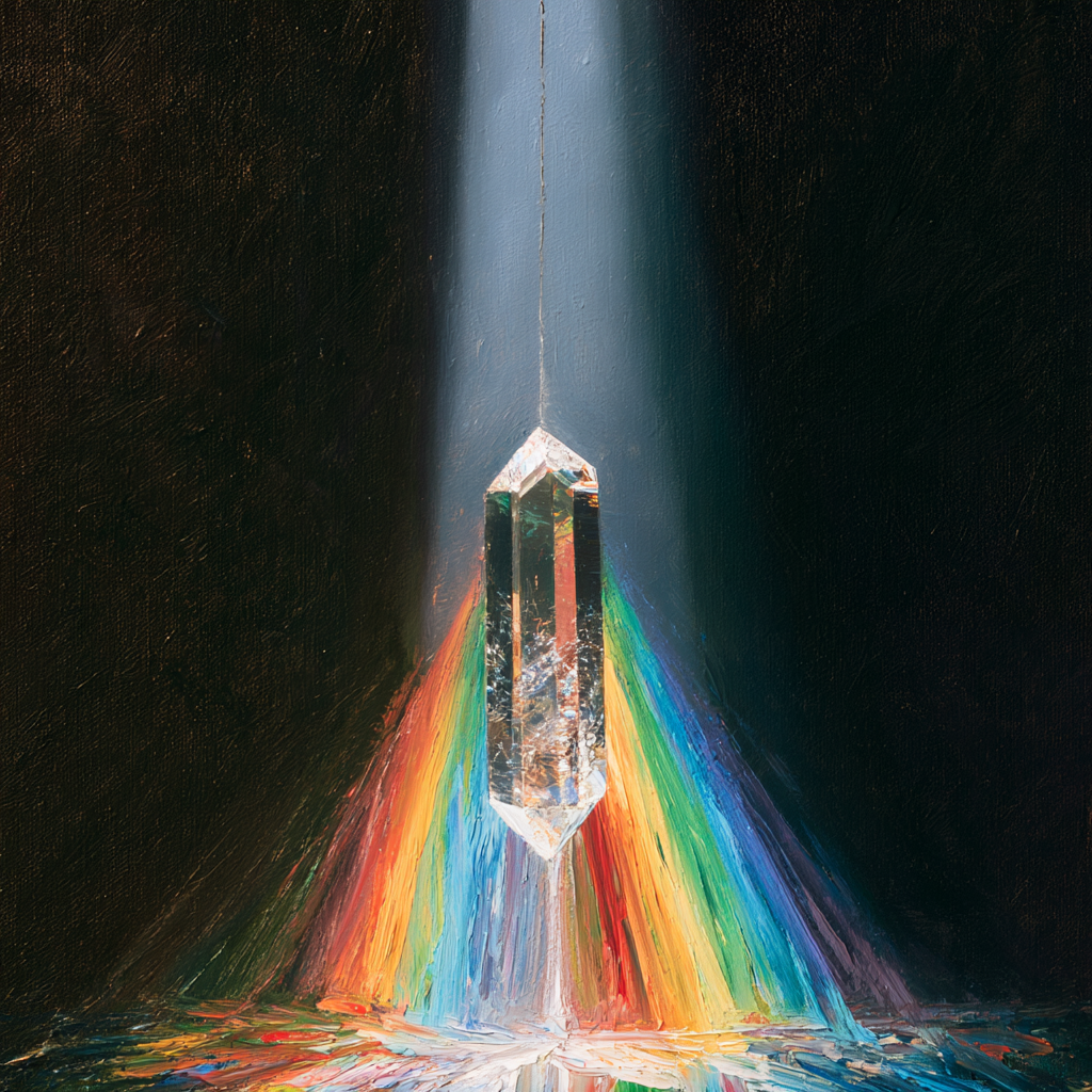 Pisces 29 - A crystal prism suspended in a beam of white light, brilliant rainbow colors fanning outward across a dark surface
