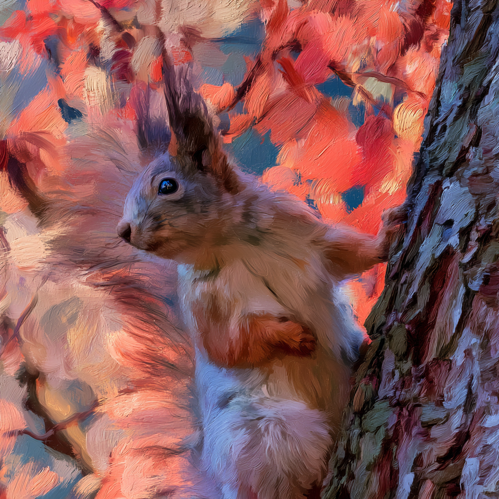 Pisces 2 - A small european squirrel frozen still against tree bark, its fluffy tail visible, wide alert eyes watching a distant hunter through autumn foliage