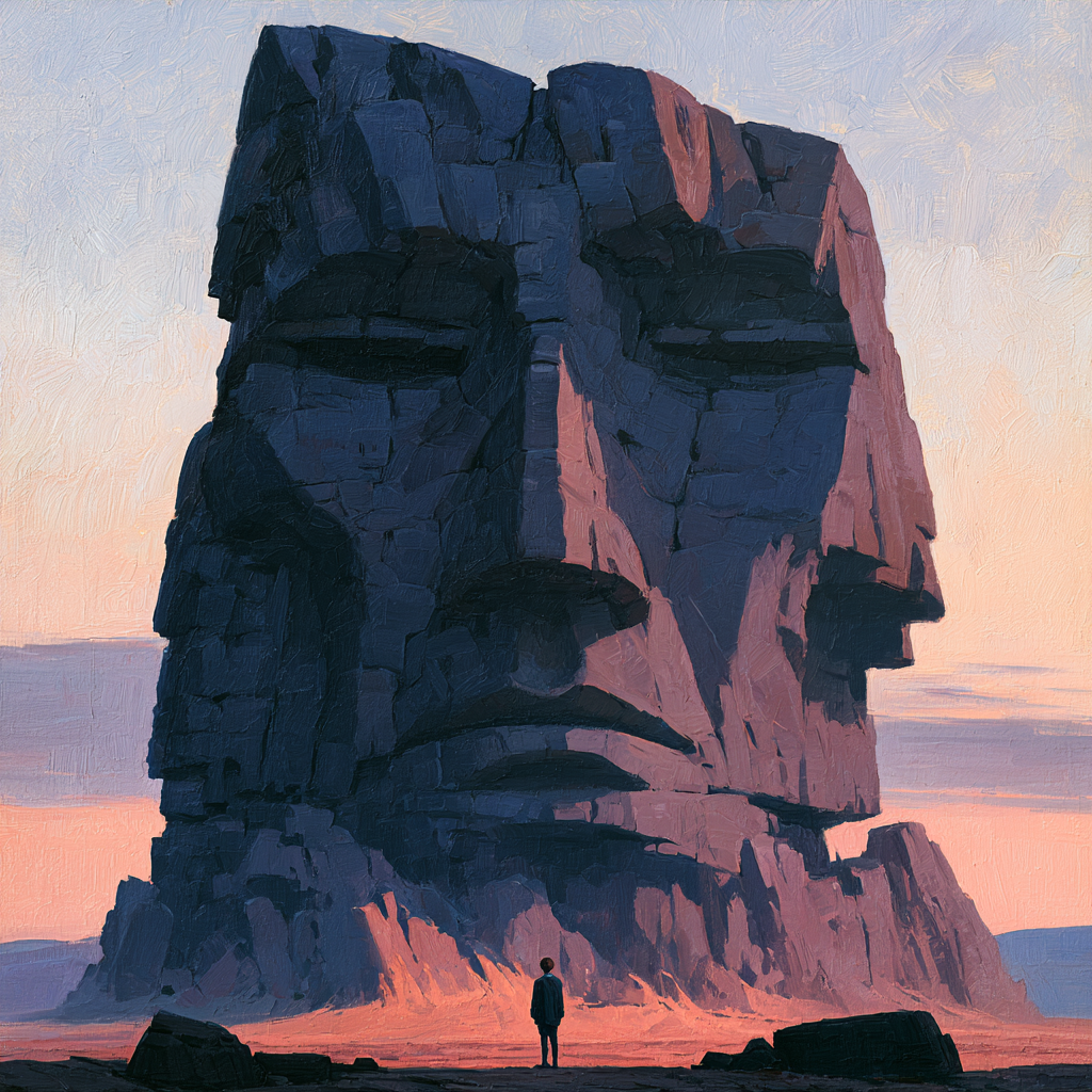 Pisces 30 - A majestic rock formation resembling an ancient wise and humble human face, carved features facing directly toward the viewer, rising above a valley with a young boy standing small in the foreground 