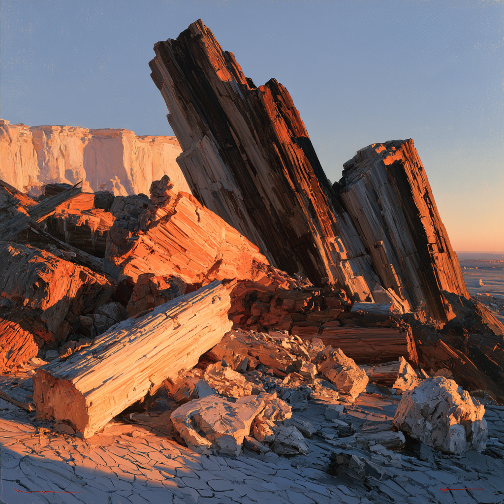 Pisces 3 - Broken petrified tree trunks scattered across cracked desert sand