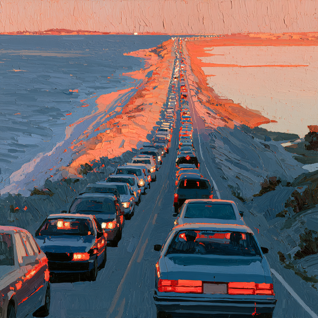 Pisces 4 - A narrow coastal isthmus road jammed with cars, ocean on one side and lagoon on the other