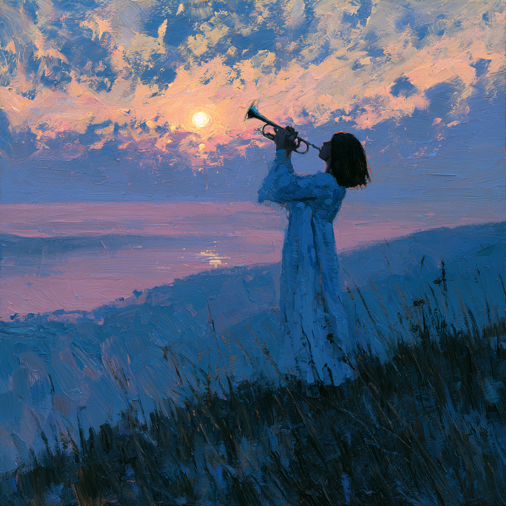 Pisces 8 - A young girl standing on a hillside at dawn, bugle raised to her lips