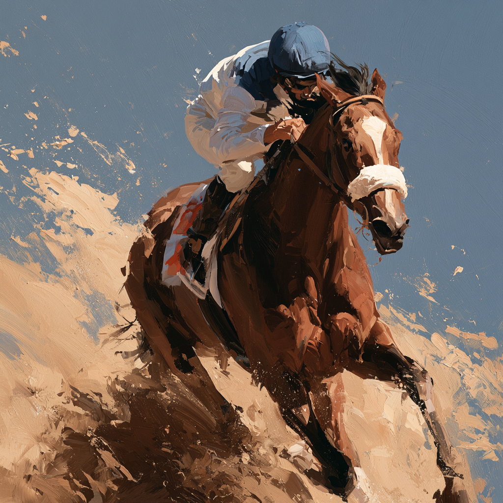Pisces 9 - A jockey crouched low over a galloping horse, muscles taut with focused intensity, dust rising in the racetrack light