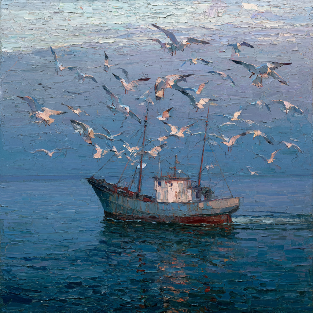 Sagittarius 16 - Seagulls circling closely around a fishing trawler at sea