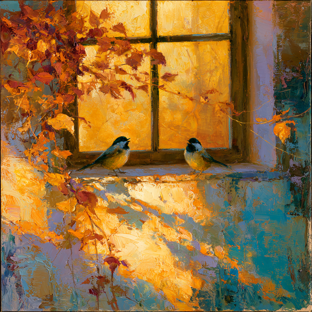 Capricorn 8 - Small songbirds perched joyfully inside a sunlit domestic room