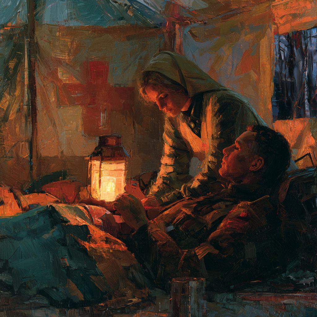Taurus 10 - A Red Cross nurse tending gently to a wounded patient in a modest field hospital tent
