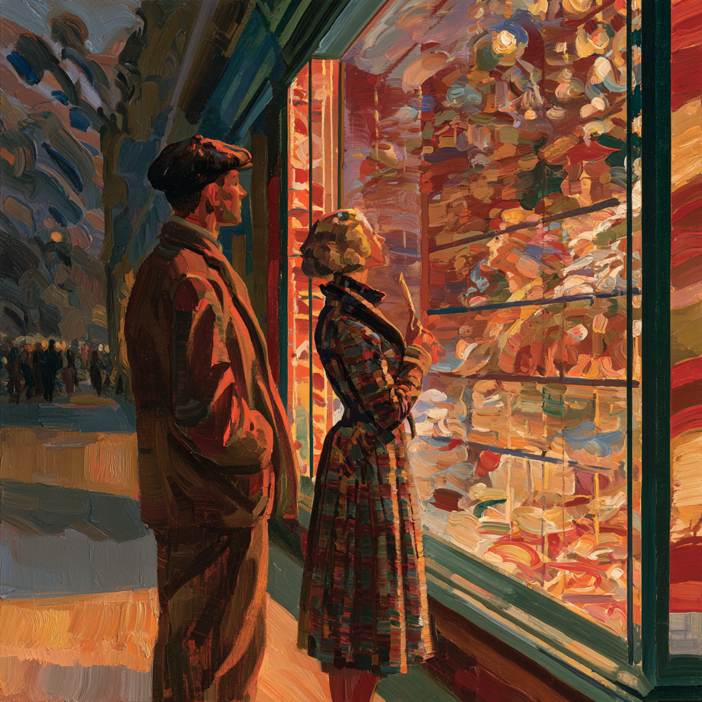 Taurus 12 - A young couple standing before a glowing shop window, gazing at displayed goods with wonder