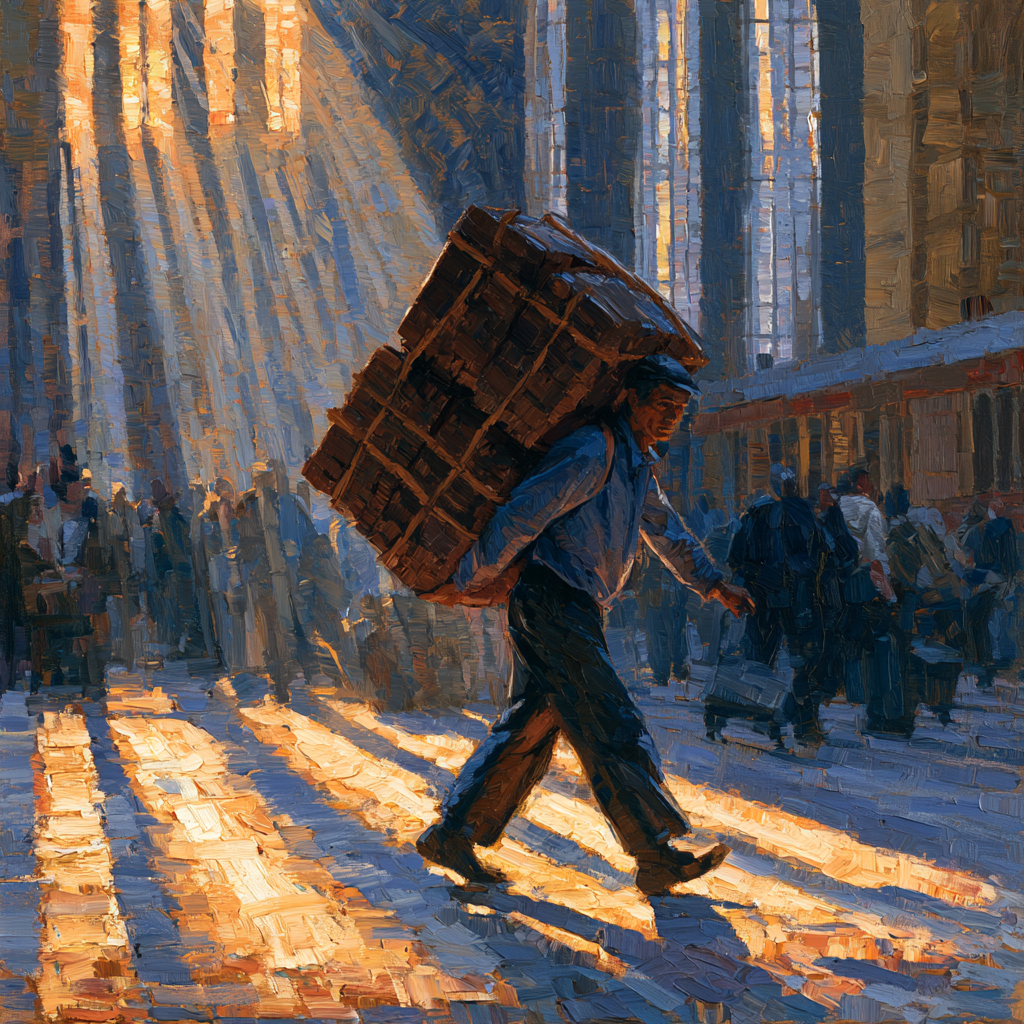 Taurus 13 - A porter carrying a heavy baggage through a bustling train station