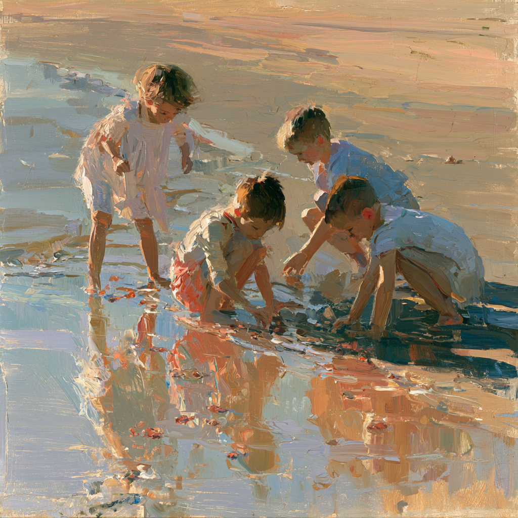 Taurus 14 - Children playing joyfully on a sandy beach while small shellfish grope gently at the water's edge nearby