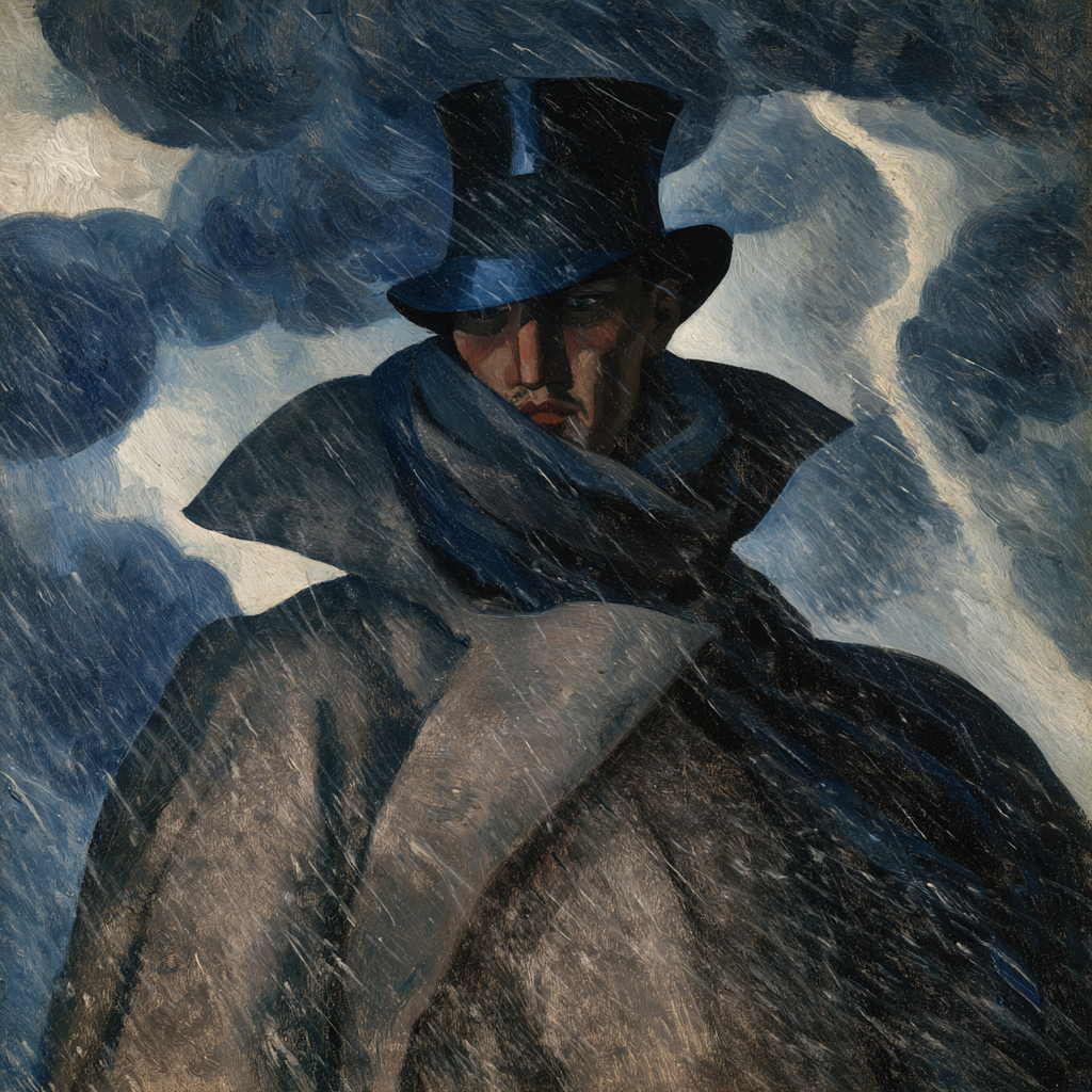 Taurus 15 - A man standing in a storm, wearing a rakish silk top hat and a heavy coat with collar turned up against the wind