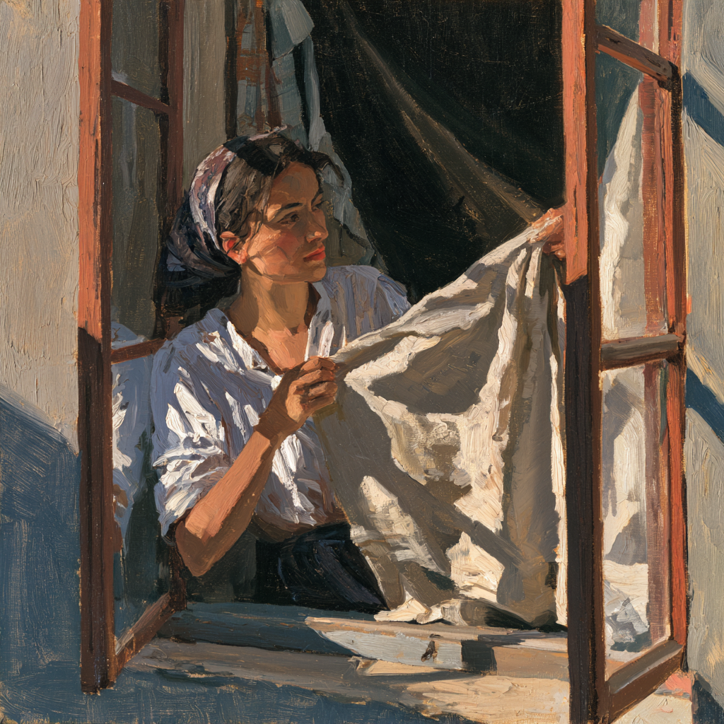 Taurus 18 - A woman leaning out an open window, gently airing an old fabric bag in warm sunlight