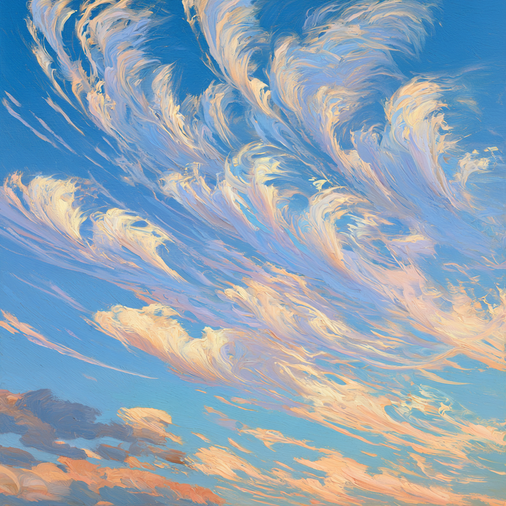 Taurus 20 - Wispy, wing-shaped clouds streaming swiftly across a luminous evening sky