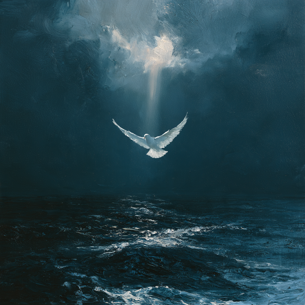 Taurus 22 - A white dove flying steadily over dark, choppy waters