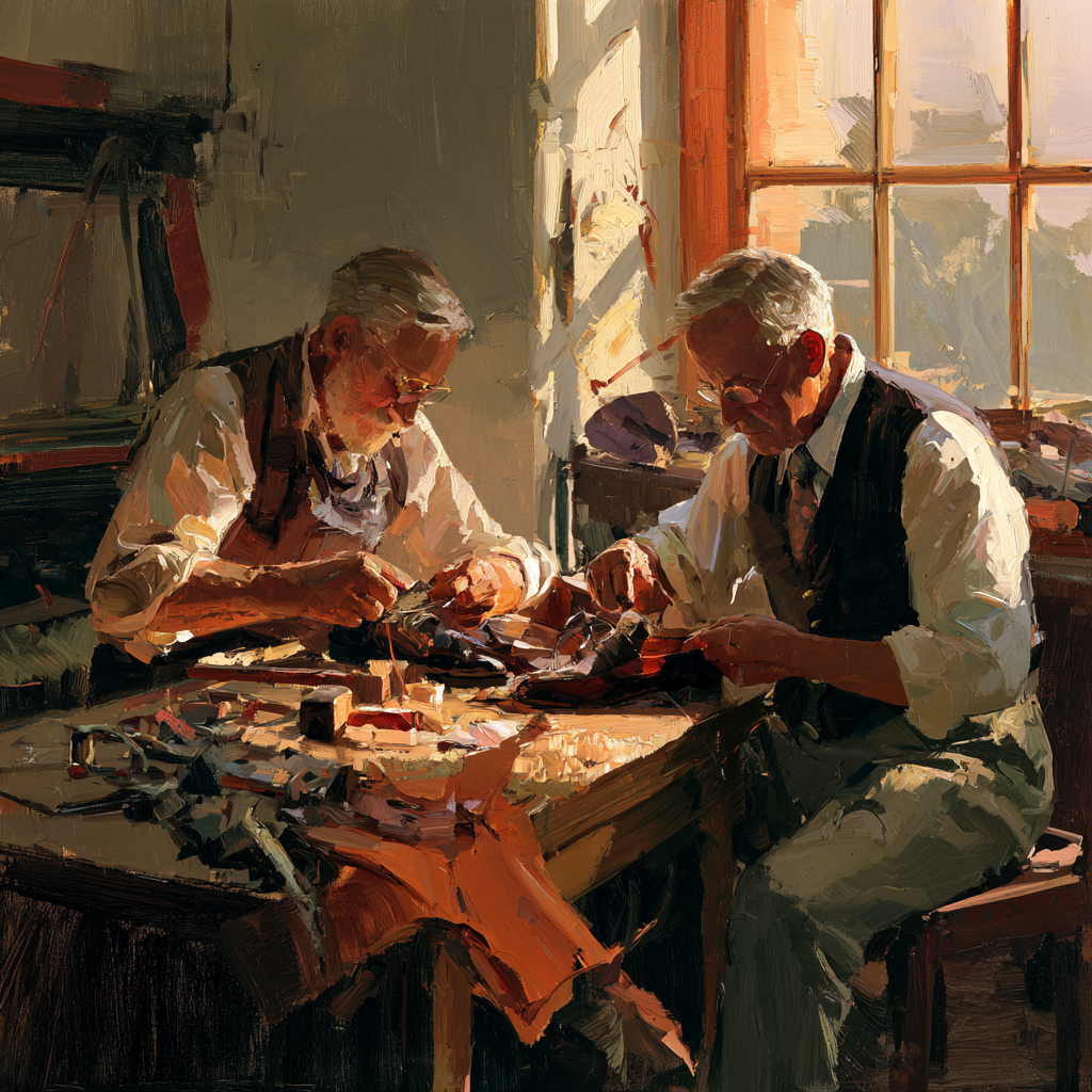 Taurus 29 - Two old cobblers repairing shoes side by side at a wooden table, tools and leather scraps scattered around them