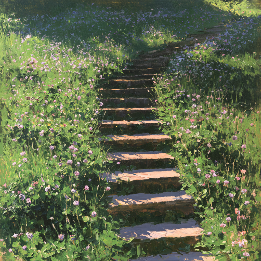Taurus 3 - Stone steps ascending gently toward a lush lawn dotted with a lot of blooming clover