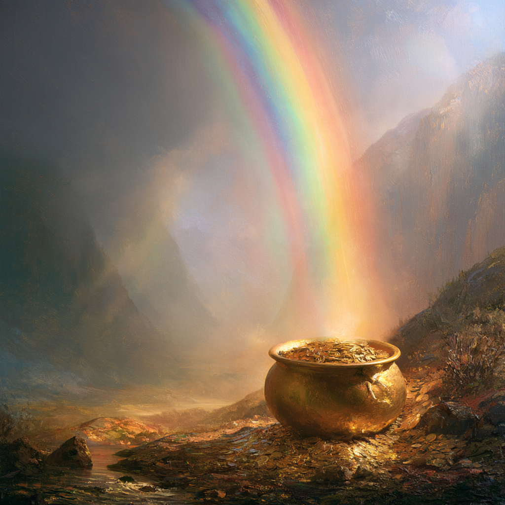 Taurus 4 - A golden treasure pot overflowing with gold coins sitting on the ground at the right base extremity of a vivid rainbow inside of the pot