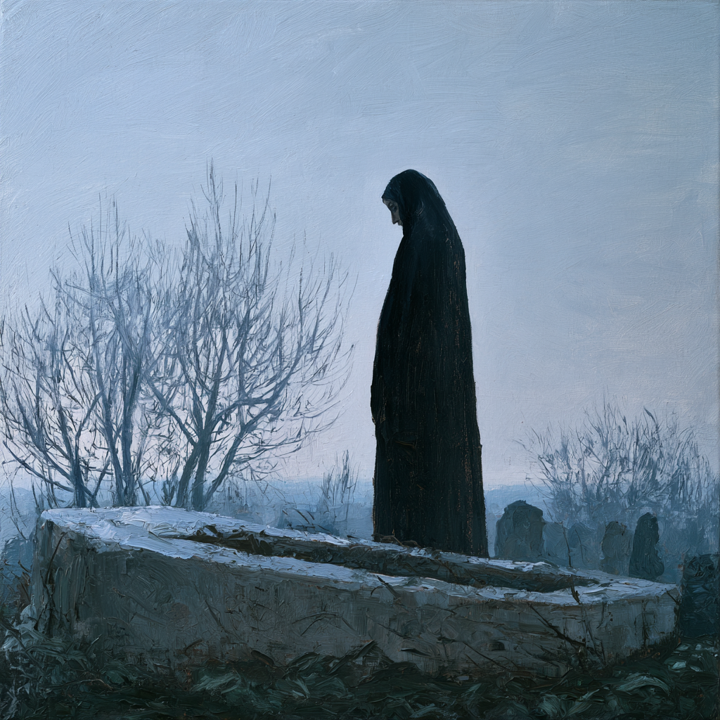Taurus 5 - A widow standing quietly beside an open grave