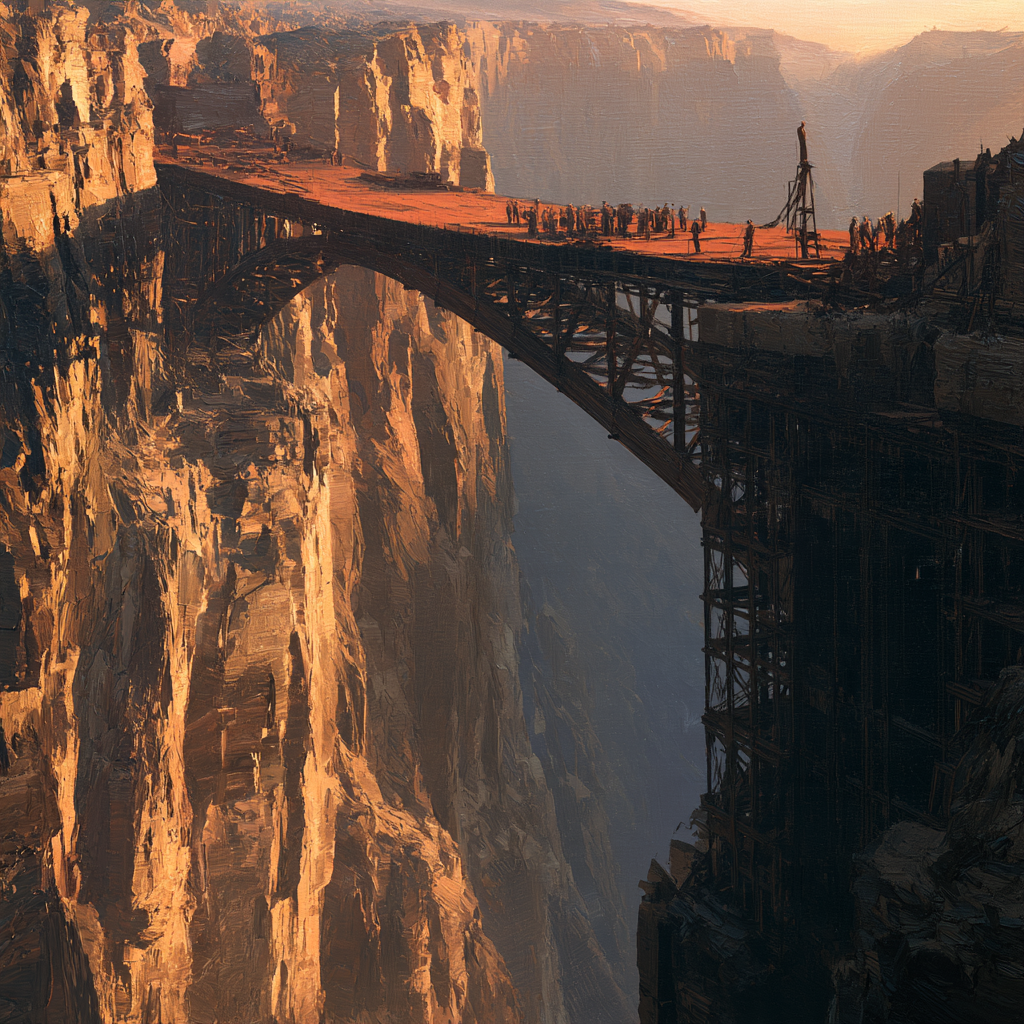 Taurus 6 - A cantilever bridge under construction stretching partway across a deep, rugged gorge