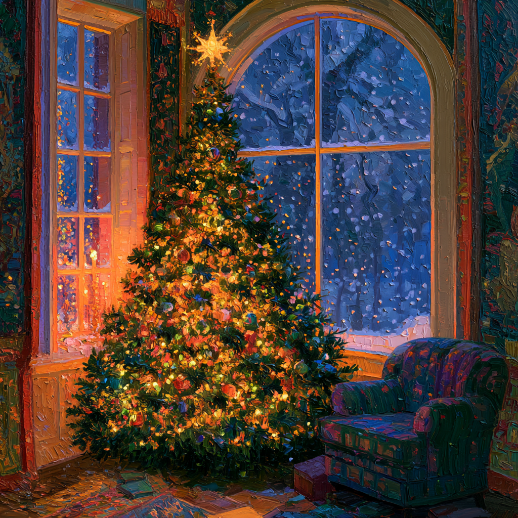 Taurus 9 - A fully decorated Christmas tree glowing warmly inside a cozy home