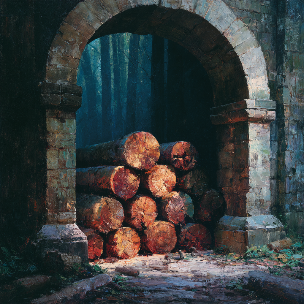 Capricorn 6 - Ten weathered logs stacked neatly beneath a dark stone archway