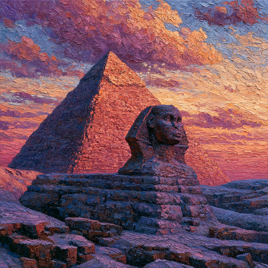 Sagittarius 14 - The Great Pyramid and the Sphinx standing against a vast desert sky at dusk