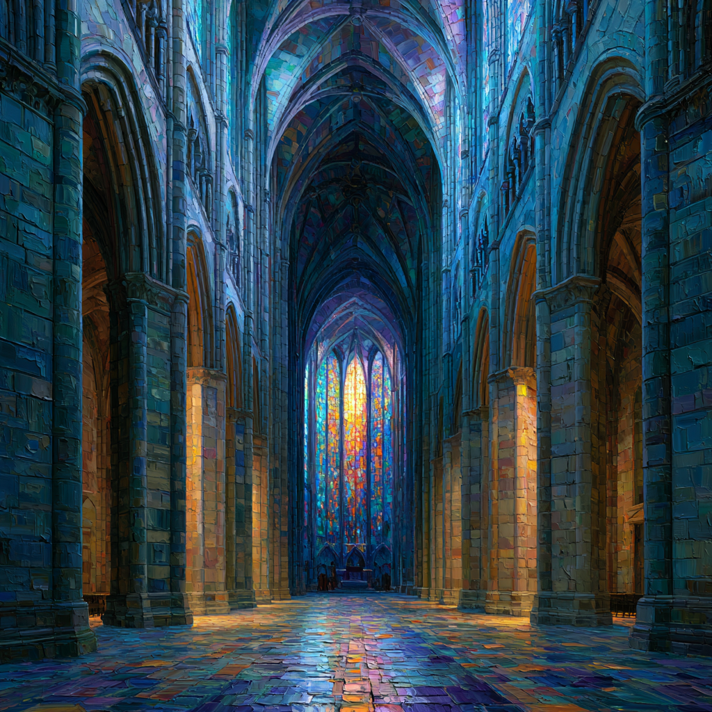 Capricorn 20 - The interior of a grand cathedral bathed in soft light from stained glass
