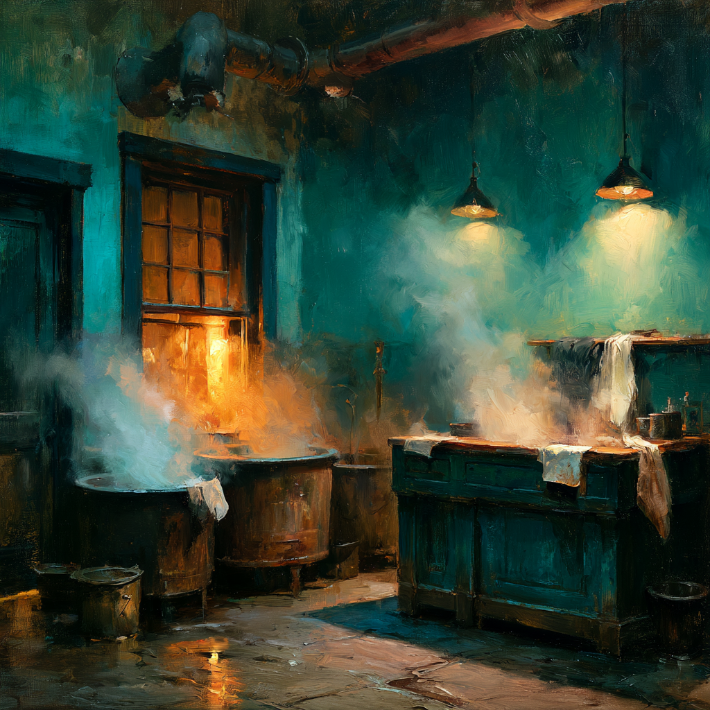 Sagittarius 22 - The quiet interior of an old laundry shop, steam rising softly from washing basins