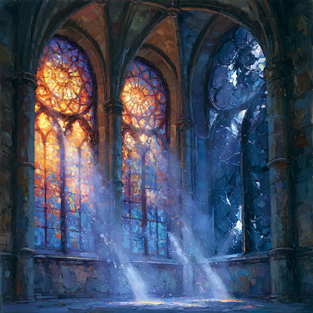 Capricorn 2 - Three grand rose windows inside a Gothic cathedral, two glowing brilliantly with colored light, the third cracked and darkened with visible damage