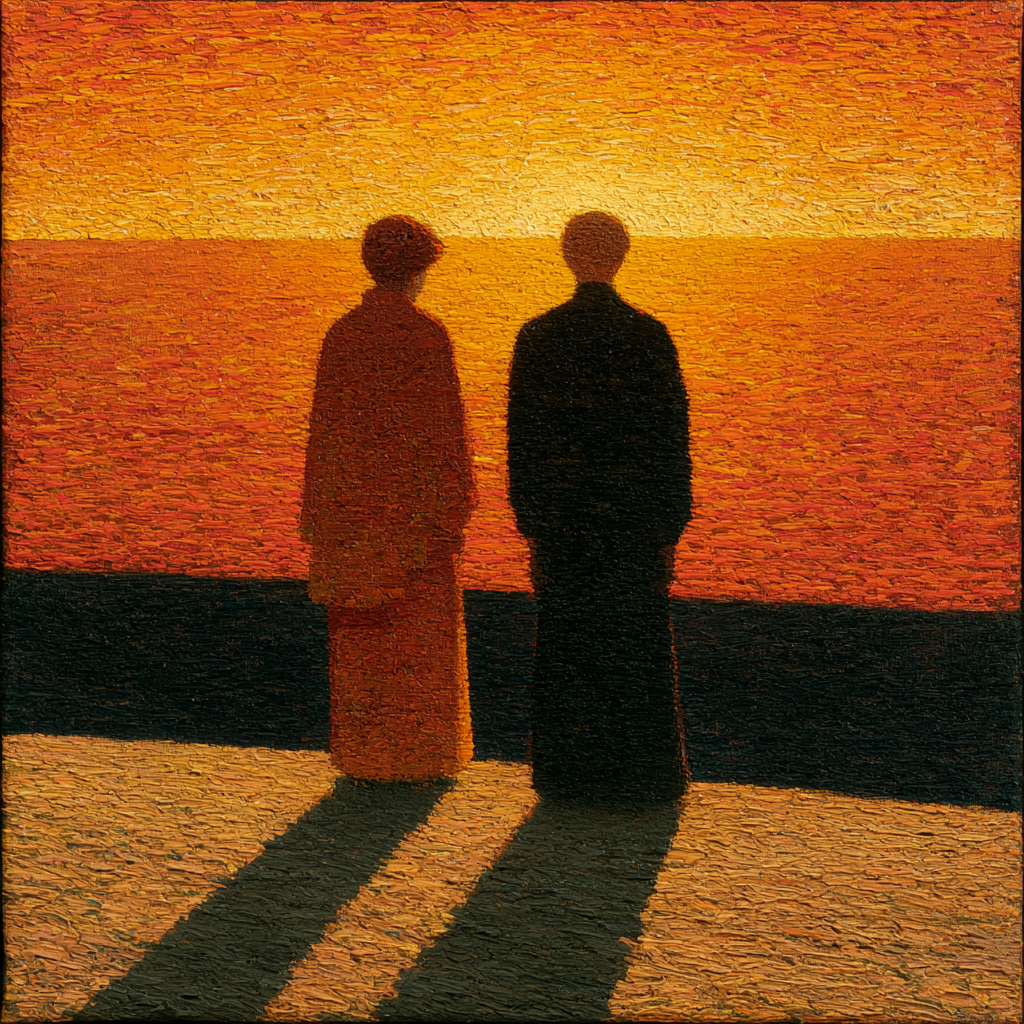 Two figures standing side by side at the edge of a vast luminous landscape