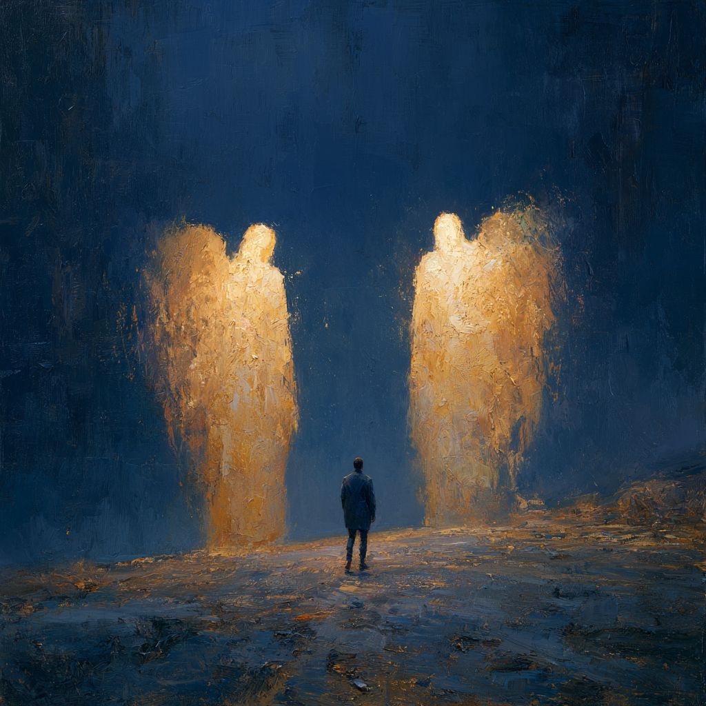 Two luminous angelic figures flanking a lone human