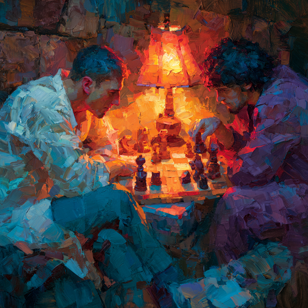 Sagittarius 3 - Two men seated across a chessboard in quiet concentration