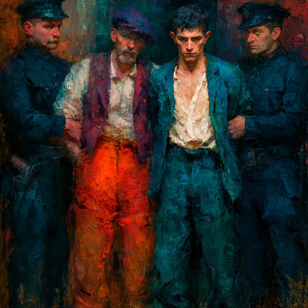 Two men standing together under arrest, a police officer on either side